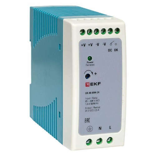 Блок питания на DIN-рейку 60Вт 220В AC/24В DC постоянного тока EKF DR-M-60W-24 DR-M-60W-24