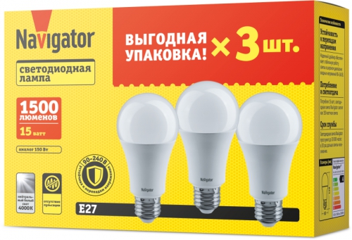Лампа светодиодная 95 321 NLL-A60-15-230-4K-E27-PACK3 NAVIGATOR 95321 95321