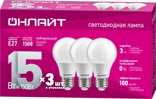 Лампа светодиодная 90 607 OLL-A60-15-230-4K-E27-PACK3 ОНЛАЙТ 90607 90607