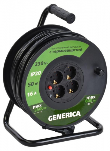 Удлинитель на катушке 4х50м 16А IP20 УК50 2P+PE 3х1.5 термозащита GENERICA WKP20-16-04-50-G WKP20-16-04-50-G