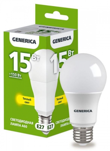 Лампа светодиодная A60 15Вт грушевидная 3000К E27 230В GENERICA LL-A60-15-230-30-E27-G LL-A60-15-230-30-E27-G