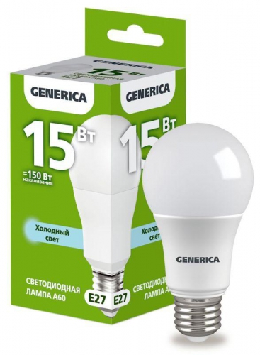 Лампа светодиодная A60 15Вт грушевидная 6500К E27 230В GENERICA LL-A60-15-230-65-E27-G LL-A60-15-230-65-E27-G