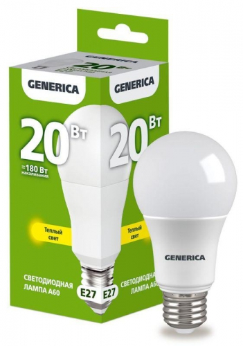 Лампа светодиодная A60 20Вт грушевидная 3000К E27 230В GENERICA LL-A60-20-230-30-E27-G LL-A60-20-230-30-E27-G