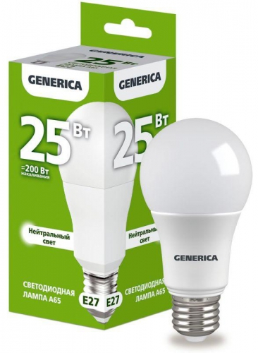 Лампа светодиодная A65 25Вт грушевидная 4000К E27 230В GENERICA LL-A65-25-230-40-E27-G LL-A65-25-230-40-E27-G