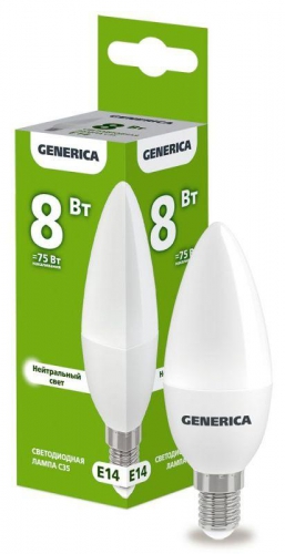 Лампа светодиодная C35 8Вт свеча 4000К E14 230В GENERICA LL-C35-08-230-40-E14-G LL-C35-08-230-40-E14-G