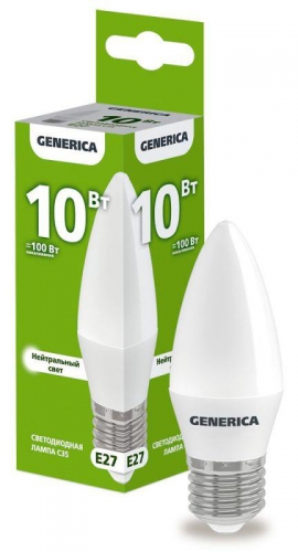Лампа светодиодная C35 10Вт свеча 4000К E27 230В GENERICA LL-C35-10-230-40-E27-G LL-C35-10-230-40-E27-G