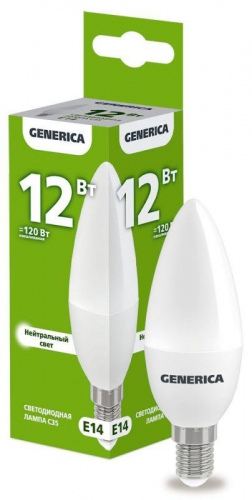Лампа светодиодная C35 12Вт свеча 4000К E14 230В GENERICA LL-C35-12-230-40-E14-G LL-C35-12-230-40-E14-G