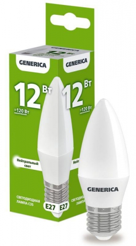Лампа светодиодная C35 12Вт свеча 4000К E27 230В GENERICA LL-C35-12-230-40-E27-G LL-C35-12-230-40-E27-G