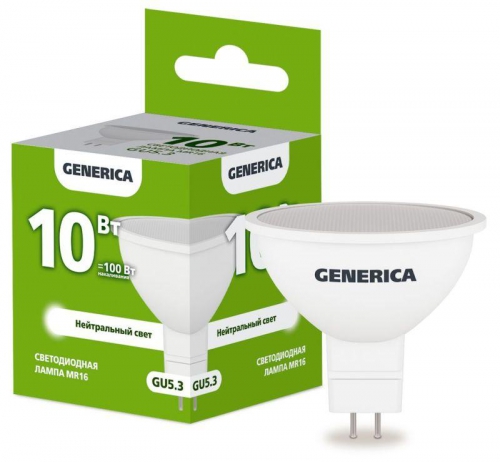 Лампа светодиодная MR16 10Вт софит 4000К GU5.3 230В GENERICA LL-MR16-10-230-40-GU5-G LL-MR16-10-230-40-GU5-G