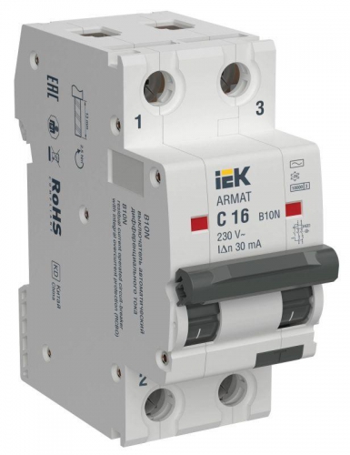 Выключатель автоматический дифференциального тока ARMAT B10N 2P C16 30мА тип AC IEK AR-B10N-2-C016C030 AR-B10N-2-C016C030