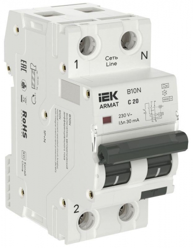 Выключатель автоматический дифференциального тока 2п (1P+NP) C 20 30мА тип A АВДТ B10N 36мм ARMAT IEK AR-B10N-1N-C020A030 AR-B10N-1N-C020A030