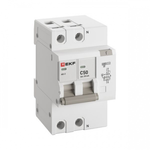 Выключатель автоматический дифференциального тока C 50А 30мА тип AC 6кА АД-2 (электрон.) защита 270В PROxima EKF DA2-6-50-30-pro DA2-6-50-30-pro