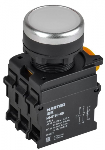 Кнопка d22мм 1НО+1НЗ MASTER с подсветкой бел. IEK MI-BT60-11D-3-12-K01 MI-BT60-11D-3-12-K01