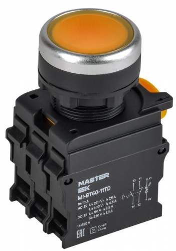 Кнопка d22мм 1НО+1НЗ MASTER с подсветкой и фиксацией желт. IEK MI-BT60-11TD-3-11-K05 MI-BT60-11TD-3-11-K05