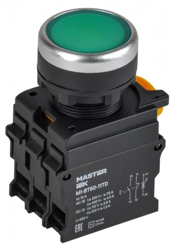 Кнопка d22мм 1НО+1НЗ MASTER с подсветкой и фиксацией зел. IEK MI-BT60-11TD-3-11-K06 MI-BT60-11TD-3-11-K06
