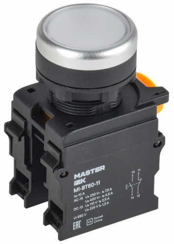 Кнопка d22мм 1НО+1НЗ MASTER бел. IEK MI-BT60-11-3-22-K01 MI-BT60-11-3-22-K01