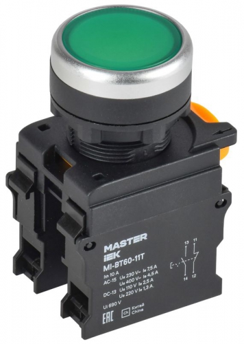 Кнопка d22мм 1НО+1НЗ MASTER с фиксацией зел. IEK MI-BT60-11T-3-21-K06 MI-BT60-11T-3-21-K06