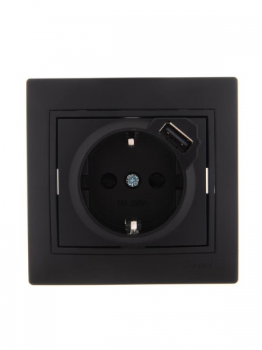 Розетка 1-м СП Mira 16А с заземл. + USB разъем черн. бархат LEZARD 701-4242-181 701-4242-181