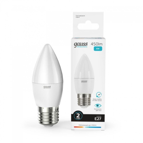 Лампа светодиодная Elementary 6Вт свеча 4100К нейтр. бел. E27 450лм GAUSS 33226 33226