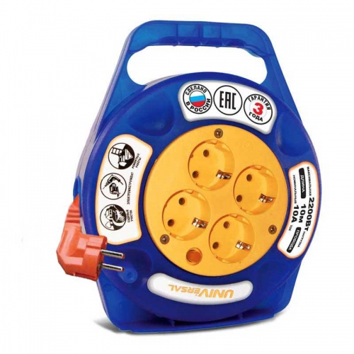 Удлинитель в закрыт. корпусе 4х10м с заземл. 6А IP20 У10-015 ПВС 3х0.75 термозащита защ. шторки UNIVersal 1671 1671