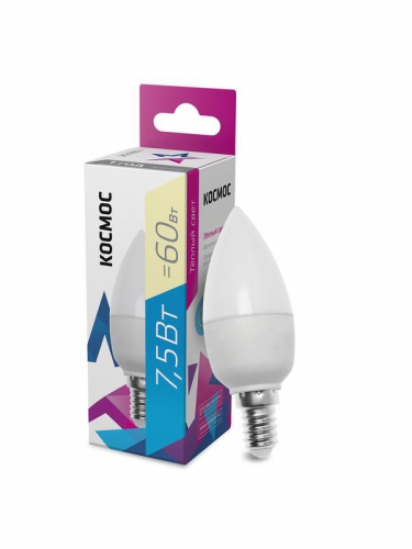 Лампа светодиодная 7.5Вт свеча 3000К тепл. бел. E14 220В КОСМОС LkecLED7.5wCNE1430 LkecLED7.5wCNE1430