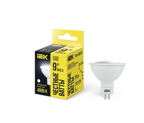 Лампа светодиодная 9Вт MR16 софит 4000К нейтр. бел. GU5.3 230В IEK LLE-MR16-9-230-40-GU5 LLE-MR16-9-230-40-GU5