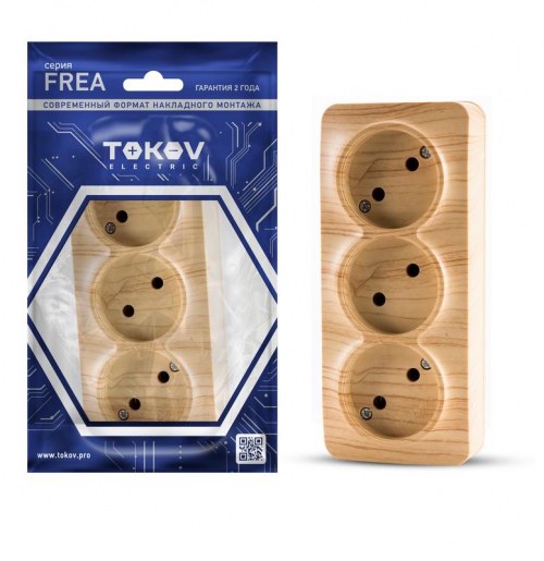 Розетка 3-м ОП Frea 16А IP20 250В без заземл. АБС-пластик сосна TOKOV ELECTRIC TKE-FR-R3-C25 TKE-FR-R3-C25