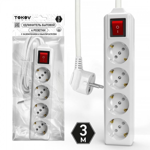 Удлинитель 4х3м с заземл. с выкл. 10А 3х1.5 TOKOV LIGHT TKL-C01-BU4-3-1.5-ZV TKL-C01-BU4-3-1.5-ZV