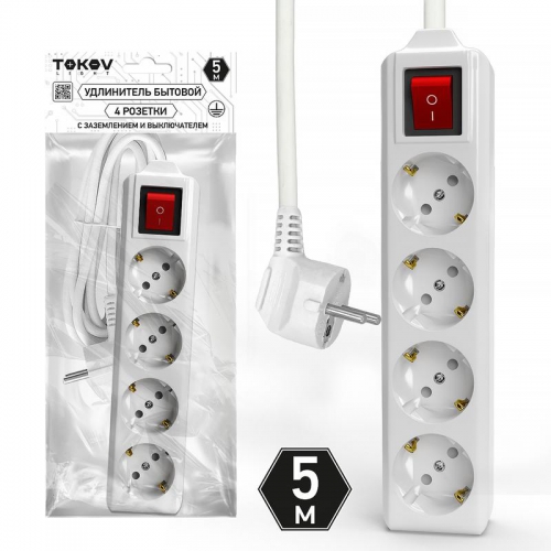 Удлинитель 4х5м с заземл. с выкл. 10А 3х1.5 TOKOV LIGHT TKL-C01-BU4-5-1.5-ZV TKL-C01-BU4-5-1.5-ZV