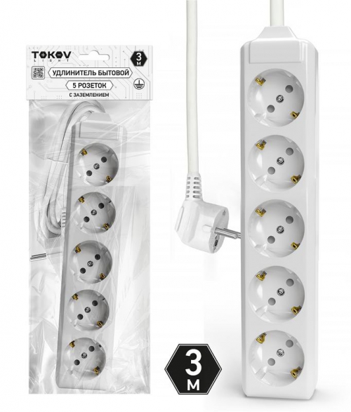 Удлинитель 5х3м с заземл. 10А 3х1.5 TOKOV LIGHT TKL-C01-BU5-3-1.5-Z TKL-C01-BU5-3-1.5-Z