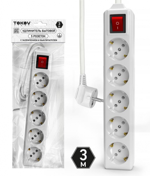 Удлинитель 5х3м с заземл. с выкл. 10А 3х1.5 TOKOV LIGHT TKL-C01-BU5-3-1.5-ZV TKL-C01-BU5-3-1.5-ZV