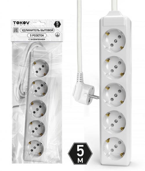 Удлинитель 5х5м с заземл. 10А 3х1.5 TOKOV LIGHT TKL-C01-BU5-5-1.5-Z TKL-C01-BU5-5-1.5-Z