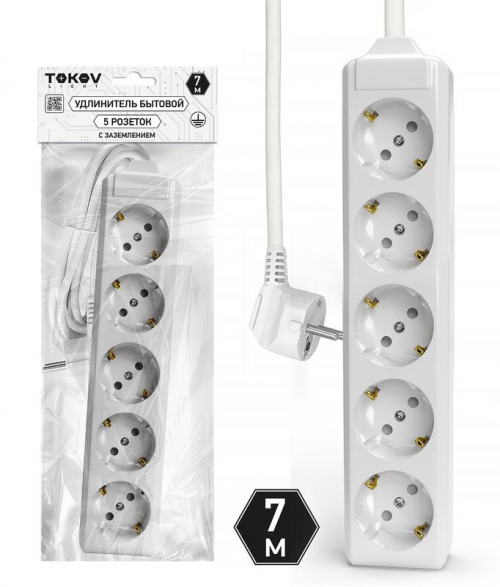 Удлинитель 5х7м с заземл. 10А 3х1.5 TOKOV LIGHT TKL-C01-BU5-7-1.5-Z TKL-C01-BU5-7-1.5-Z