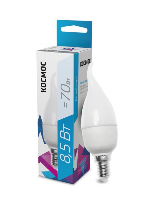 Лампа светодиодная 8.5Вт свеча на ветру 4500К бел. E14 220В КОСМОС LkecLED8.5wCWE1445 LkecLED8.5wCWE1445