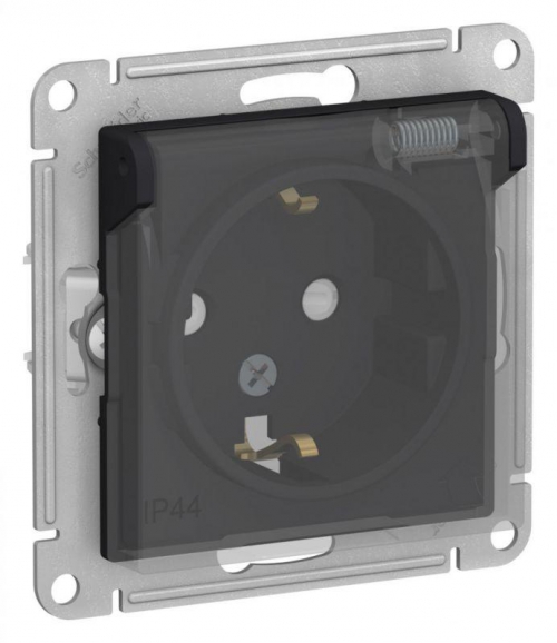 Розетка 1-м СП AtlasDesign Aqua 16А IP44 с заземл. защ. шторки с прозр. крышкой механизм карбон SE ATN441046 ATN441046