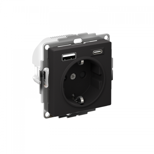 Розетка AtlasDesign 16А с 2-мя заряд. устройствами USB тип A+C 5В/2.4А 2х5В/1.2А механизм карбон SchE ATN001032 ATN001032