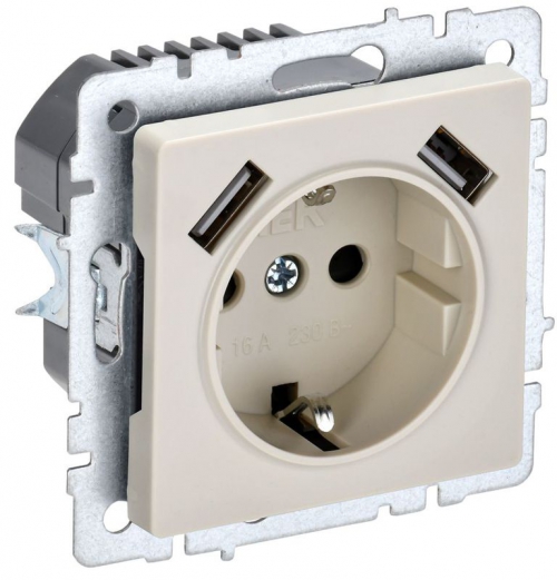 Розетка BRITE РЮш10-1-БрКр 16А с USB A+A 2.1А с заземл. защ. шторки беж. IEK BR-R14-16-U21-D21-K10 BR-R14-16-U21-D21-K10