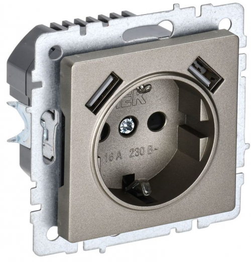Розетка BRITE РЮш10-1-БрШ 16А с USB A+A 2.1А с заземл. защ. шторки шампань IEK BR-R14-16-U21-D21-K37 BR-R14-16-U21-D21-K37