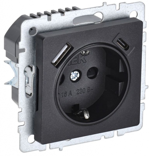 Розетка BRITE РЮш11-1-БрЧ 16А с USB A+C 18Вт с заземл. защ. шторки черн. IEK BR-R14-16-U22-018-K02 BR-R14-16-U22-018-K02