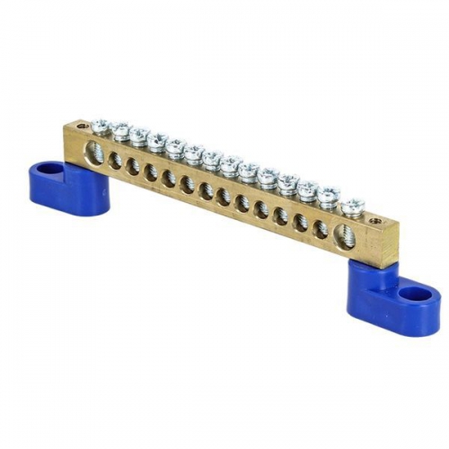 Шина нулевая N 6х9 14 отверстий 2 синих угловых изолятора латунь розн. стикер PROxima EKF sn0-63-14-2-r sn0-63-14-2-r