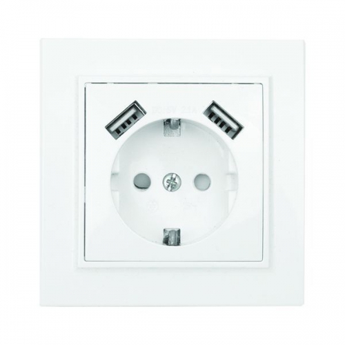 Розетка 1-м СП Минск 16А IP20 с заземл. защ. шторки с 2-мя заряд. устройствами USB 2.1А бел. EKF ERR16-028-100-2USB ERR16-028-100-2USB