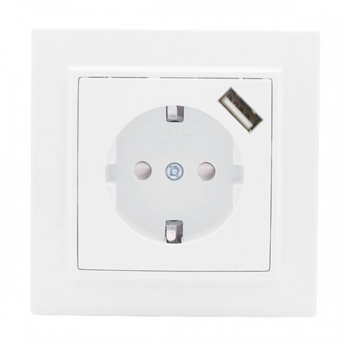 Розетка 1-м СП Минск 16А IP20 с заземл. защ. шторки с заряд. устройством USB 1А бел. EKF ERR16-028-100-USB ERR16-028-100-USB