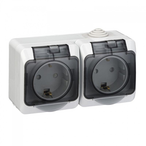 Розетка 2-м ОП Этюд 16А IP44 250В с заземл. защ. шторки с крышкой сер. SE PA16-244C PA16-244C