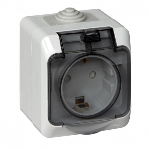 Розетка 1-м ОП Этюд 16А IP44 250В с заземл. защ. шторки с крышкой сер. SE PA16-044C PA16-044C