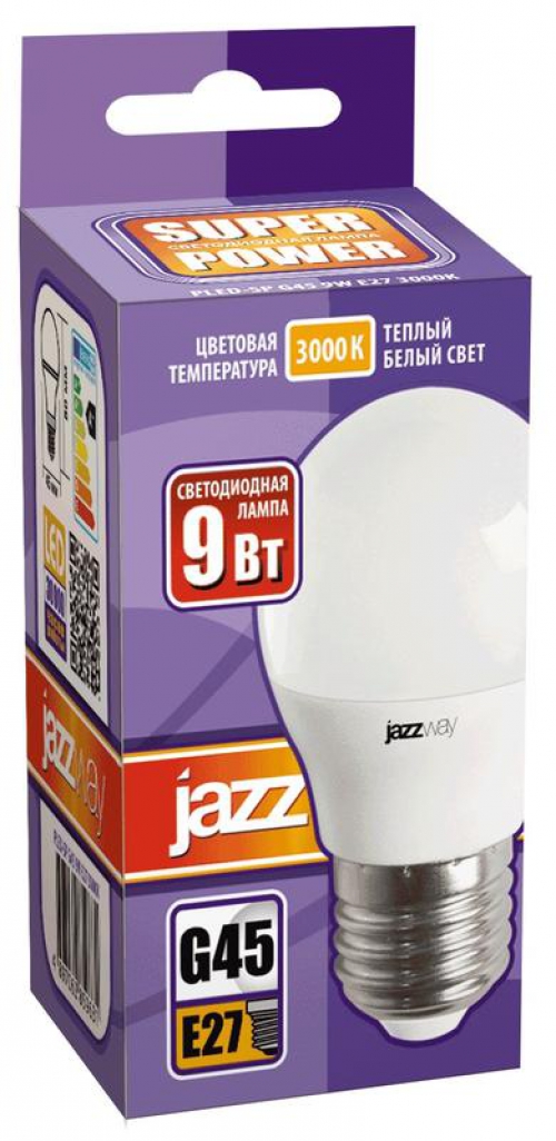 Лампа светодиодная PLED-SP 9Вт G45 шар 3000К тепл. бел. E27 820лм 230В JazzWay 2859631A 2859631A