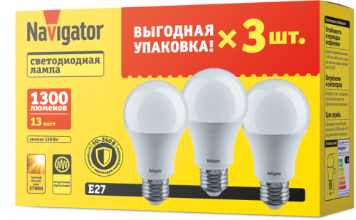 Лампа светодиодная 95 318 NLL-A60-13-230-2.7K-E27-PACK3 NAVIGATOR 95318 95318