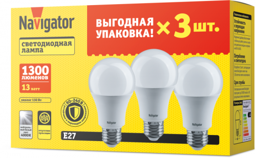 Лампа светодиодная 95 319 NLL-A60-13-230-4K-E27-PACK3 NAVIGATOR 95319 95319