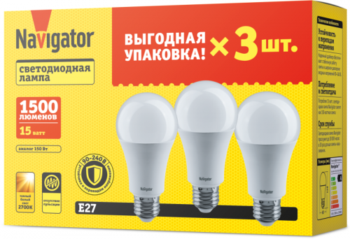 Лампа светодиодная 95 320 NLL-A60-15-230-2.7K-E27-PACK3 NAVIGATOR 95320 95320