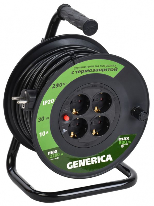 Удлинитель на катушке 4х30м 10А IP20 УК30 2P+PE 3х1 термозащита GENERICA WKP10-10-04-30-G WKP10-10-04-30-G