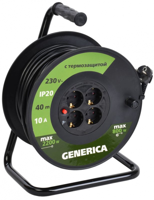 Удлинитель на катушке 4х40м 10А IP20 УК40 2P+PE 3х1 термозащита GENERICA WKP10-10-04-40-G WKP10-10-04-40-G